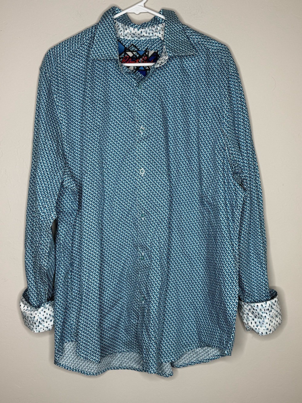 Robert Graham men’s button up dress shirt flip cuff size 2XL blue geometric